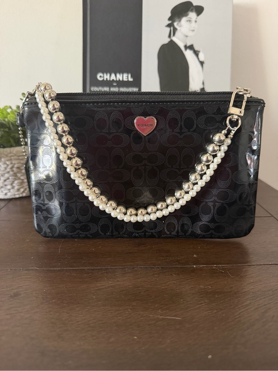 Coach Handbags - Coach 2010 Black Patent Signature Wristlet with Pearl and Silver Bead Strap